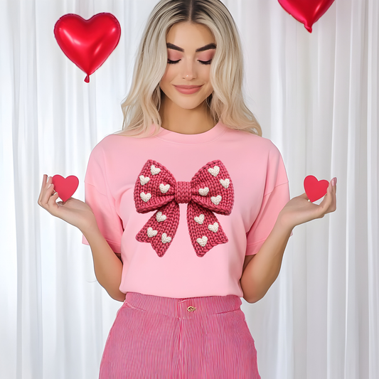Crochet Valentine Bow Valentine's Day Ready to Press (RTP) DTF TRANSFER