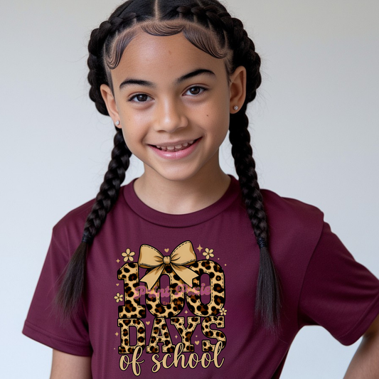 100 days of School leopard bow 100 Days of School Ready to Press (RTP) DTF TRANSFER