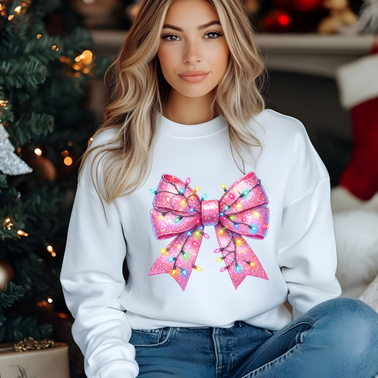 Pink Christmas lights Bow Ready To Press (RTP) DTF TRANSFER