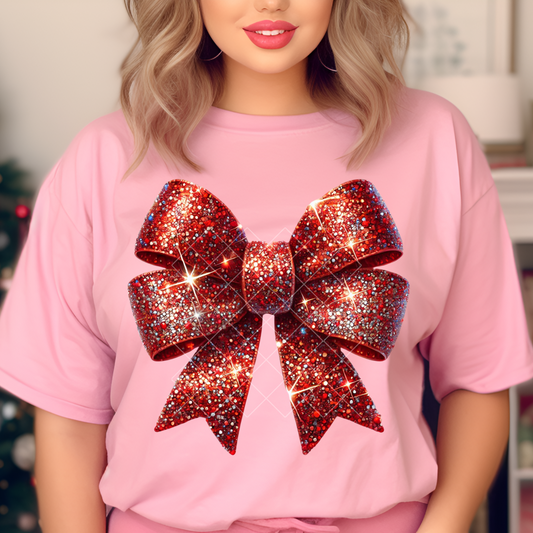 Red Glitter Christmas Bow Ready To Press (RTP) DTF TRANSFER